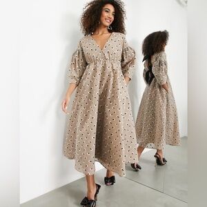 ASOS EDITION bow back midi dress in embroidered daisy in mushroom